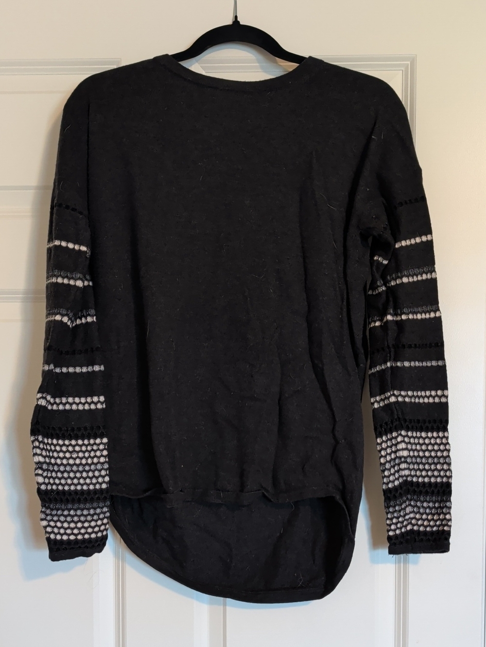 Black Long-Sleeve Women's Merino Wool Sweater with Patterned Sleeves